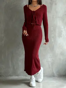 Autumn Winter Casual Plain Slim Fit Dress + Loose Belted Knitted Cardigan Two-Piece Set, Elegant Simple Style, Minimalist, Women's Fashion