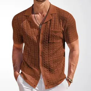 Men's Casual Cuban Collar Knit Polo Cardigan, Summer Jacquard Patch Pocket Short Sleeve Top