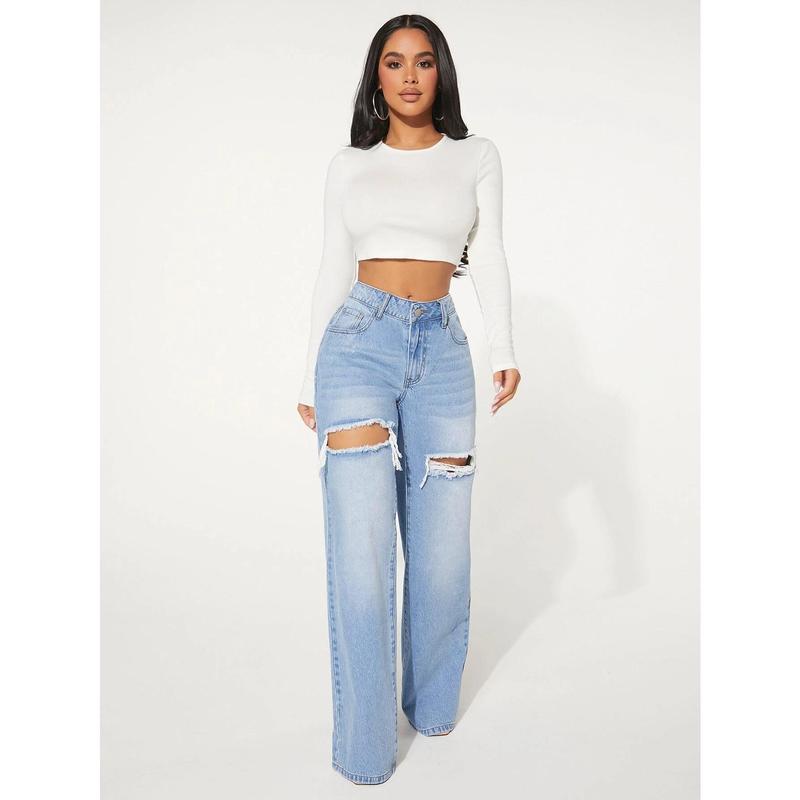 SHEIN SXY Single Button Cut Out Ripped Frayed Wide Leg Jeans