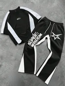Men's "super smart" printed color blocked sportswear, street style silk screen printed mesh T-shirt and pants set, suitable for casual urban wear in street style and summer, durable and bold printing for Y2K and fashion enthusiasts