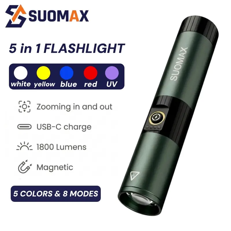 SUOMAX 5 in 1 Multicolor Flashlight, 1800LM Super Bright LED Flashlight, UV/RED/YELLOW/BLUE/WHITE BEAM, USB-C Rechargeable Pocket EDC Flashlight, Magnetic Base, IPX4 Waterproof, For night work, Camping, Outdoor tactical light,Gift