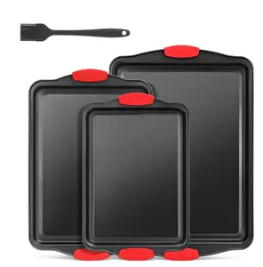 LOVEWE 3-Piece Stackable Baking Pan Set (in three sizes), non-stick cookie pans, heat resistant up to 450°F (approx. 232°C), comes with heat-resistant handles and a flat spatula/brush for easy cleaning and storage.