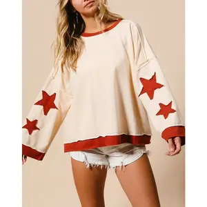 Women’s Loose Star Patch Sweatshirt, Spring Long Sleeve Crewneck Casual Pullover