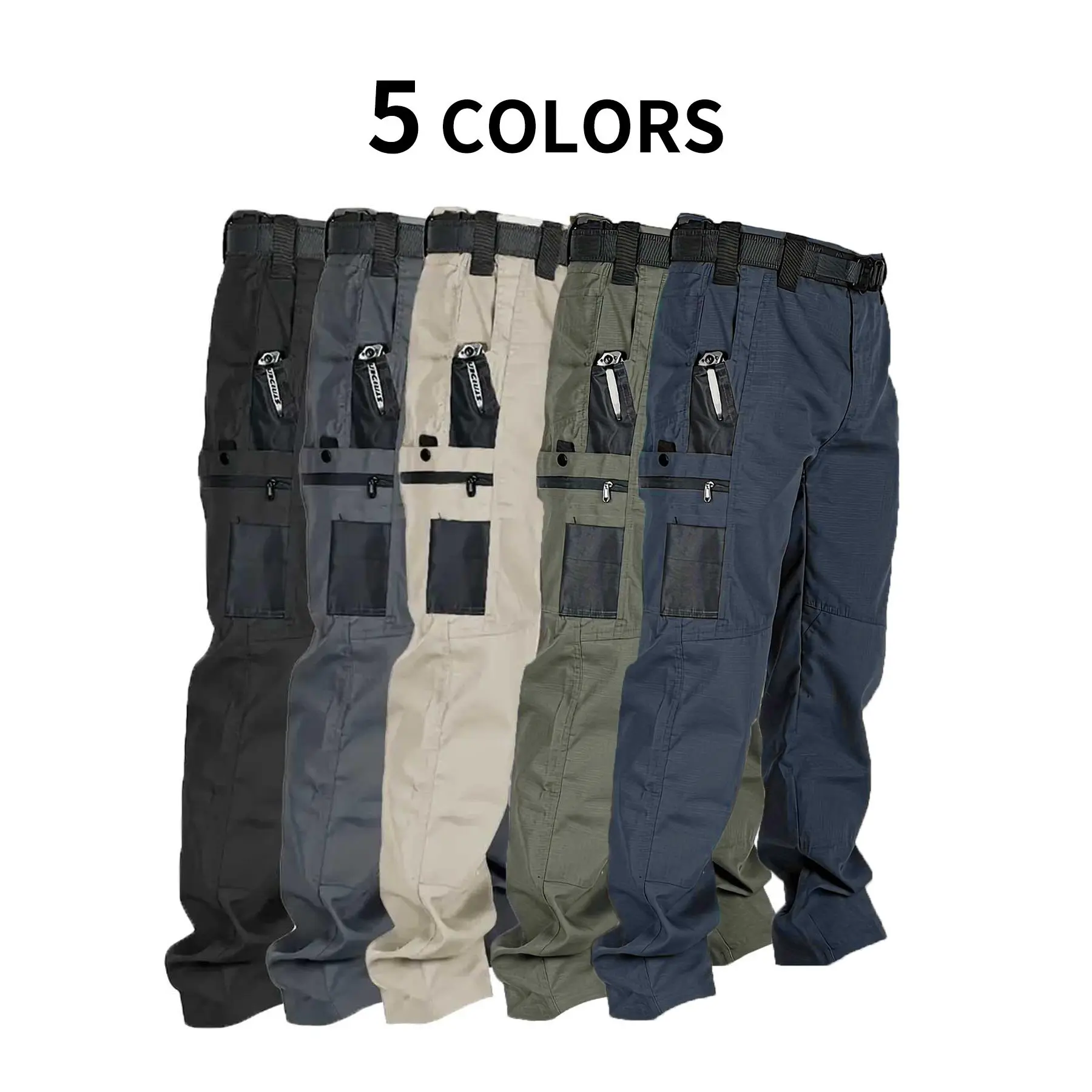 Men's Solid Color Tactical Work Pants, crafted from 230g fabric, feature multiple pockets. These durable outdoor training pants come in a variety of colors and are ideal for spring and summer wear.