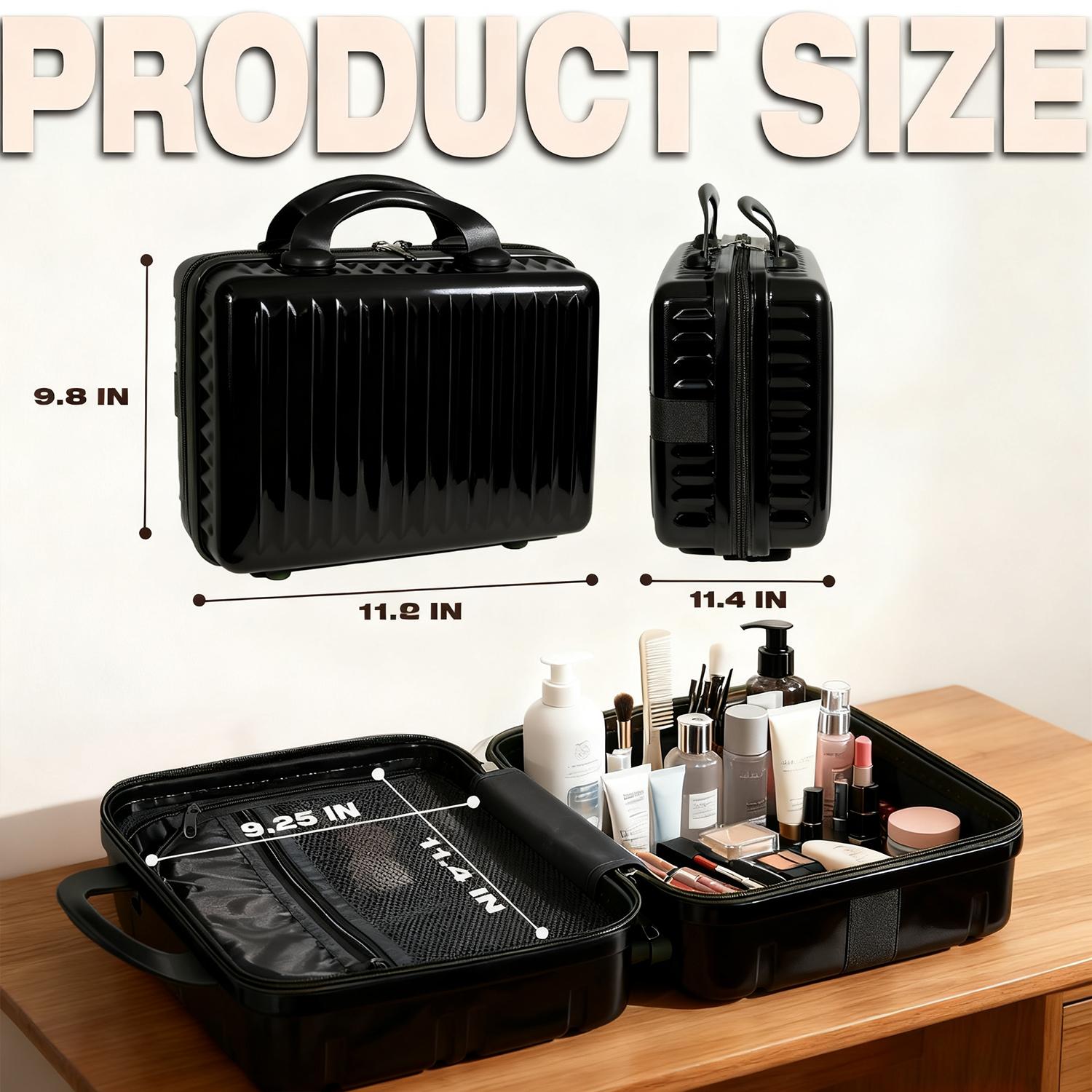 Black Vertical Stripe Hard Shell Makeup Case | Portable Mini Travel Cosmetic Organizer with Elastic Straps | Durable ABS Vanity Bag