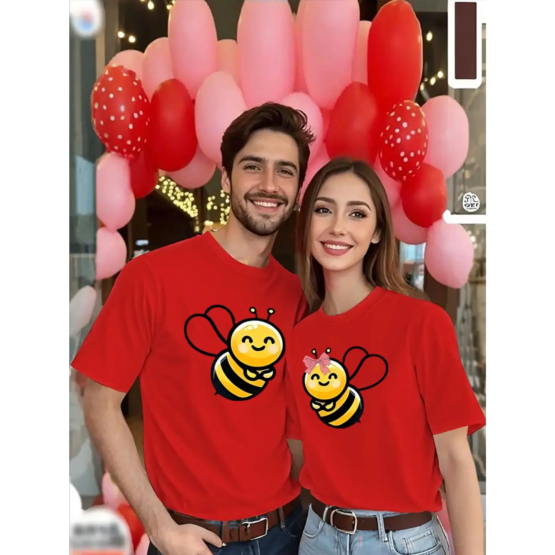 Unisex Couple's Graphic T-Shirt - Cute Bee & Heart Print Short Sleeve Round Neck Top, Spring Summer Casual Matching Outfits, Machine Washable (Sold Separately for Men & Women), Couple Matching Tees, Youthful Design Tee, Comfortable Fabric