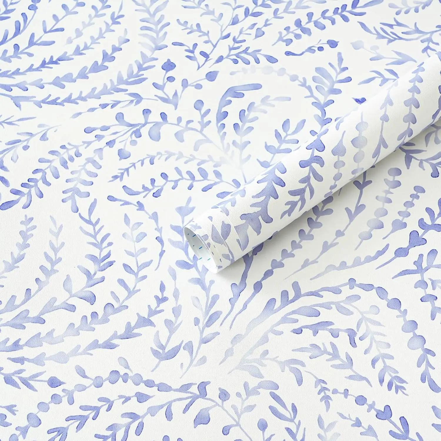 Ismoon Bohemian Blue and White Leaf Botanical Peel and Stick Wallpaper - Hand-Painted Watercolor Artwork Sticker Adhesive Wall Mural, No Glue Needed Removable Self-Adhesive Vinyl for Bedroom Accent Wall, 17.7x385in, Artwork Sticker Adhesive Wall Murals