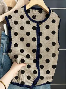 French retro style loose crew neck sleeveless color-block button khaki, contrasting polka dot print women's sweater vest, suitable for spring and summer, button sleeveless knitted sweater, vacation style, casual, Tops