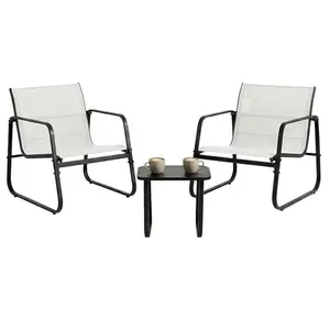 3 Piece Outdoor Patio Furniture Set with Table, Rust-Resistant Steel Conversation Chairs for Indoor & Outdoor Use, Small Space Balcony, Porch, Lawn, Poolside – Light Gray or Black