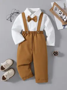 Boys' autumn suit set, retro British gentlemanly style, boys' white shirt+overalls set, same color tie+adjustable overalls design, Easter gift, suitable for centennial banquets, one year parties, kindergarten performances