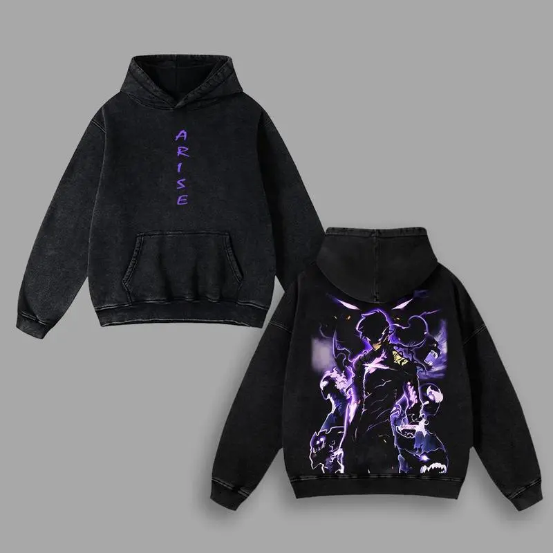 Sung Jin Woo x Solo Leveling Igris, Beru, Tusk Anime Oversized Hoodies Unisex Vintage Manga Cotton Wash Tees, Streetwear Casual Graphic Hoodie