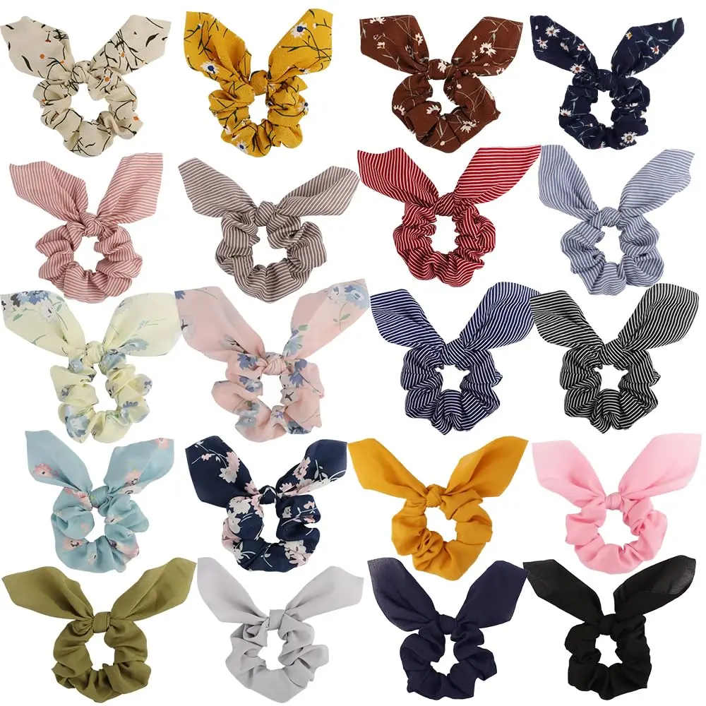 Chiffon Hair Bunny Ear Scrunchies with Bow - 20Pcs Elegant Elastics  Ponytail Holders &amp; Soft Bands
