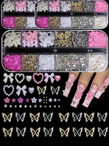 12 Grid 3D Y2K Nail Charm Set, Rhinestones, Pearls, Diamonds, Butterfly Design, Bow Heart Flower Decorations for DIY Nails