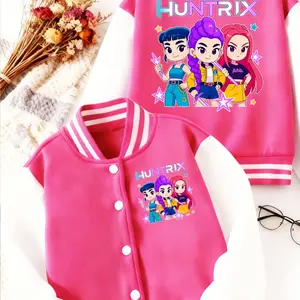 Kpop-Huntress Girl Group Girls' Short Baseball Jacket, Button Front Jacket, Collared Jacket, Cartoon Graphic Design, Fitted Activewear for Kids, Elastic Fabric for Fall & Winter