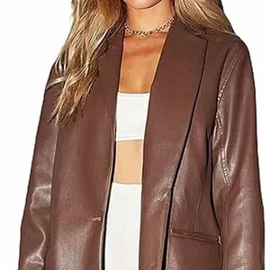 Women Leather Jacket Oversized Faux Leather Blazer Button Down Lapel Coat with Pockets Vintage Streetwear