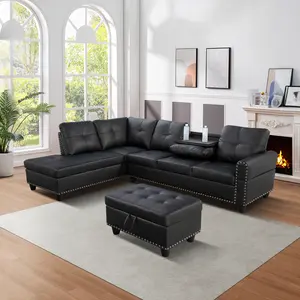 Modern Black Faux Leather 3-Piece Sofa Set, Synthetic Leather Sectional Couch for Living Room Apartment