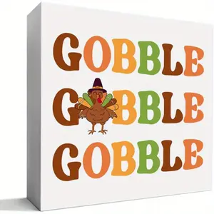 Thanksgiving Turkey Desk Decorations Wooden Box Sign, Turkey Decor for Home Office Desk Table Shelf Harvest Autumn Thanksgiving Signs, Gobble Gobble 5x5 inch