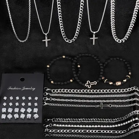 40-Piece Fashionable Casual Hip-Hop Style Stainless Steel Jewelry Set, Necklace and Earring Set, Includes Cross Necklace, Beaded Bracelet & Geometric Zircon Earrings, Gift for Couples