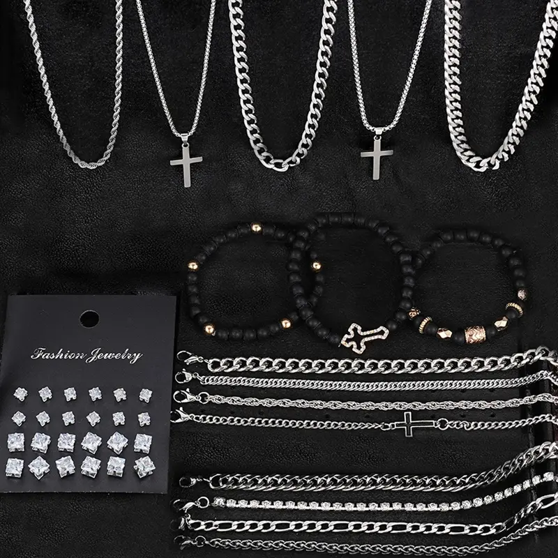 40-Piece Fashionable Casual Hip-Hop Style Stainless Steel Jewelry Set, Necklace and Earring Set, Includes Cross Necklace, Beaded Bracelet & Geometric Zircon Earrings, Gift for Couples