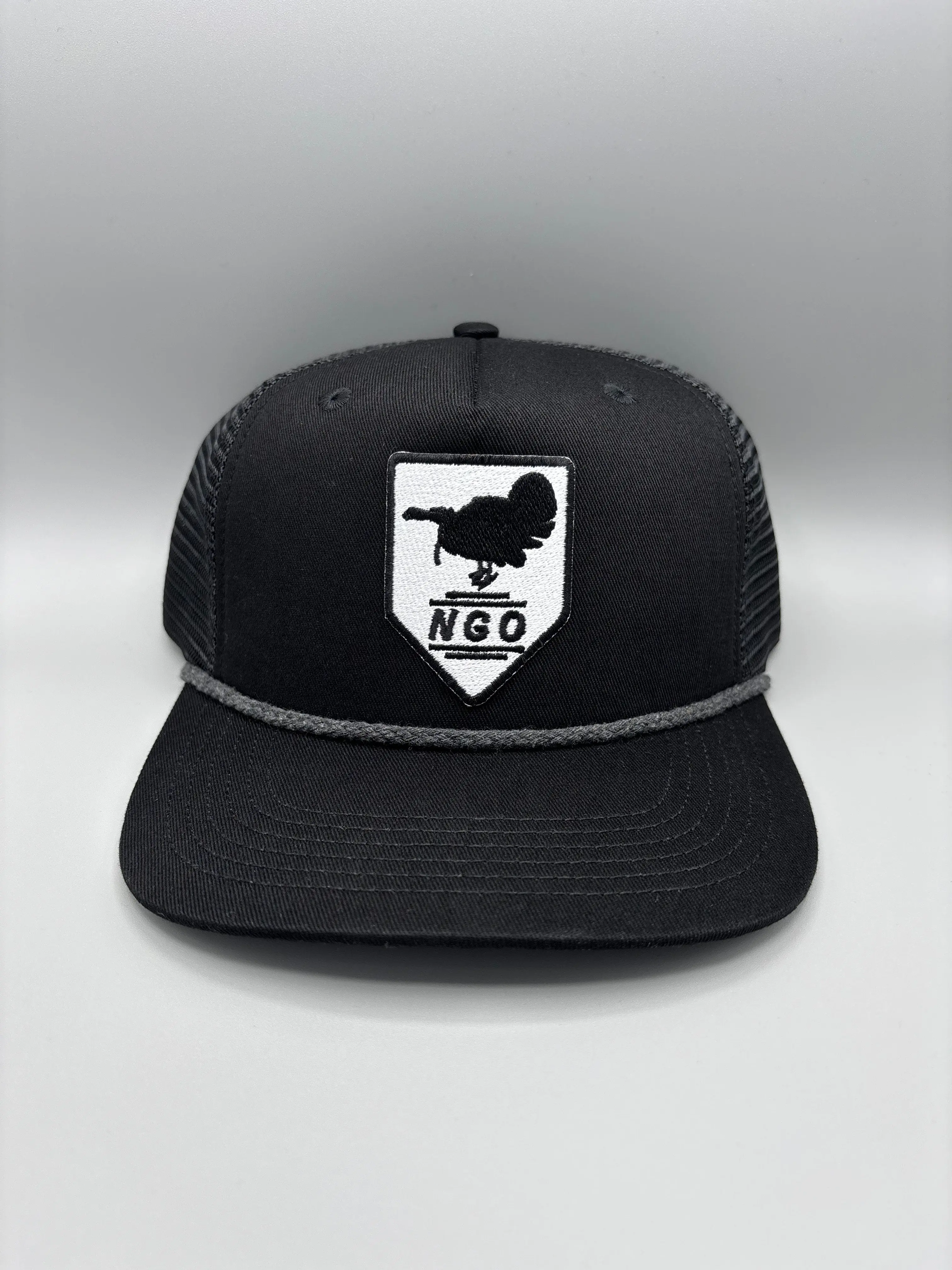 Gobbler Patch Rope Hat snapback meshback fabric patch with NGO Logo Black Trucker Style