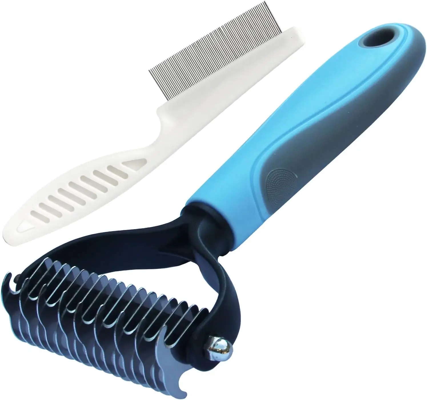 Blue Double-Sided Pet Grooming Rake Comb - 16-Teeth Shedding Brush, Deshedding Tool, Fur Removal Tool for Dogs and Cats, Flea Detox Grooming Accessory