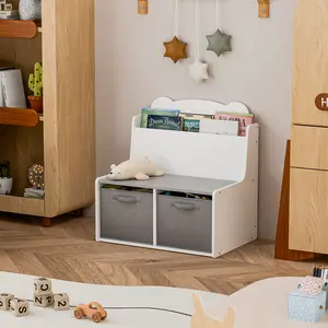 Kids Wooden Bookshelf with Storage Bins Bear-Shaped Bookcase Front-Facing Book Display Shelf Toy Organizer for Toddlers & Kids White-Gray Design Includes 2 Fabric Bins