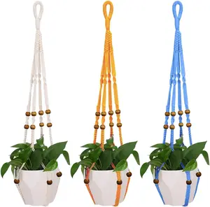 MENG ZHI AO 3 Pcs 35 Inch Macrame Plant Hanger Flower Pot Hanging Plant Holder No Tassels Decorative Hanging Planter Basket with Wood Beads for Indoor Outdoor Home Decor (Ivory)
