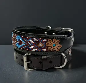 Leather Beaded Dog Collar Full Grain Leather 1.5" Wide Handcrafted Western Floral Design Heavy Duty Solid Metal Buckle D Ring Comfortable Sturdy Natural Brown Tone