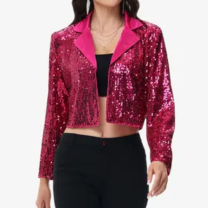 Anna-Kaci Women's Sequin Cropped Blazer Long Sleeve Sparkly Open Front Jacket - Medium, Fushia