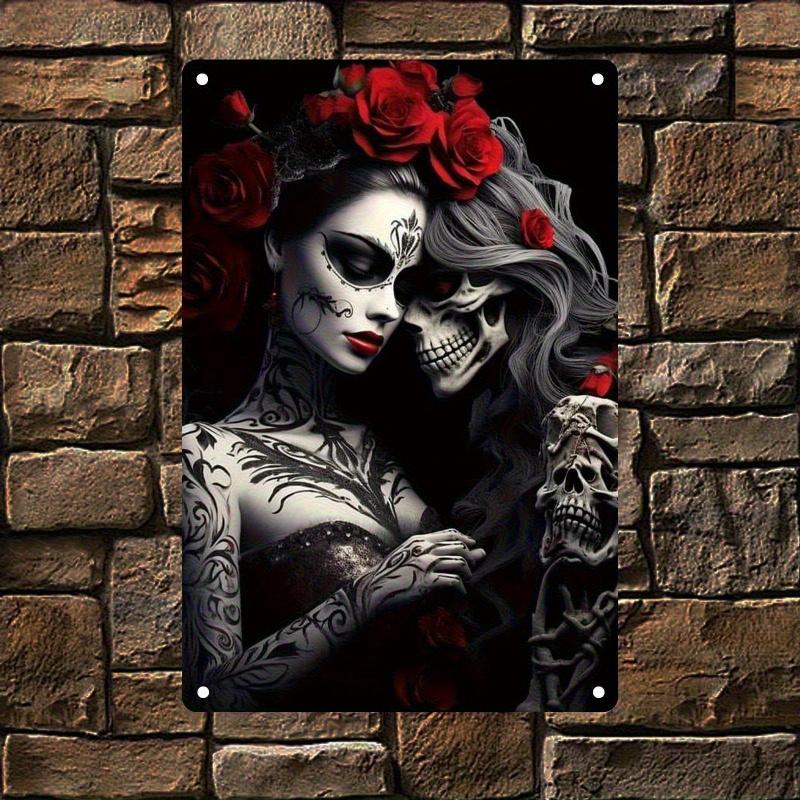 1PC 2D Flat - Gothic Sugar Skull and Rose Metal Wall Art - Vibrant Iron Sign with Intricate Tattoo Design, Black and White Contrast, Perfect for Home, Coffee Shop, Bar Decoration, Unique Valentine's Day Gift, Easy to Hang, Home Decor