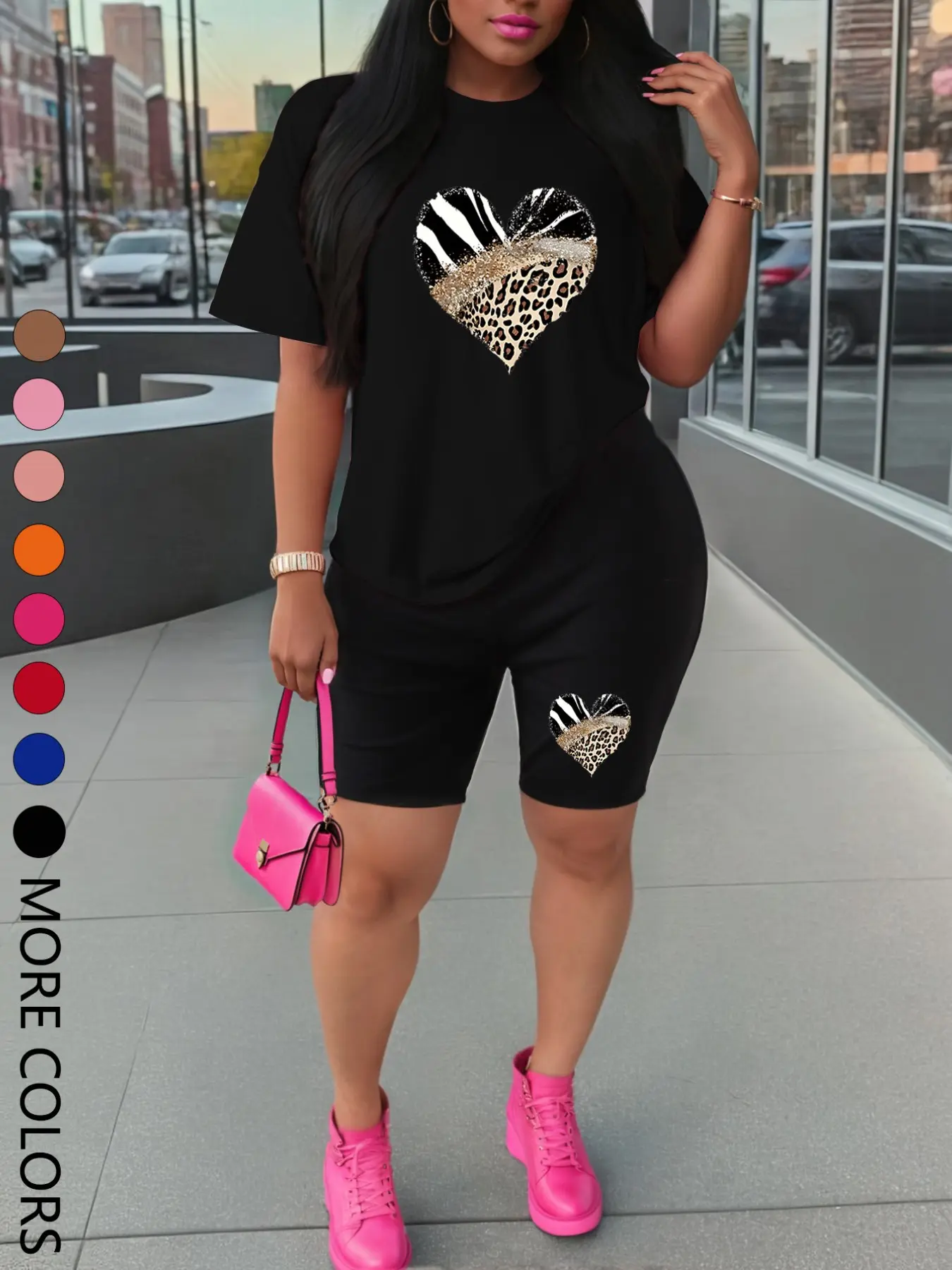 Women's Summer Short Sleeve Top Shorts Matching Set Outfit, Womenswear, Heart Print Sporty Style, Casual Comfortable Fitted Two-Piece, Above the Knee