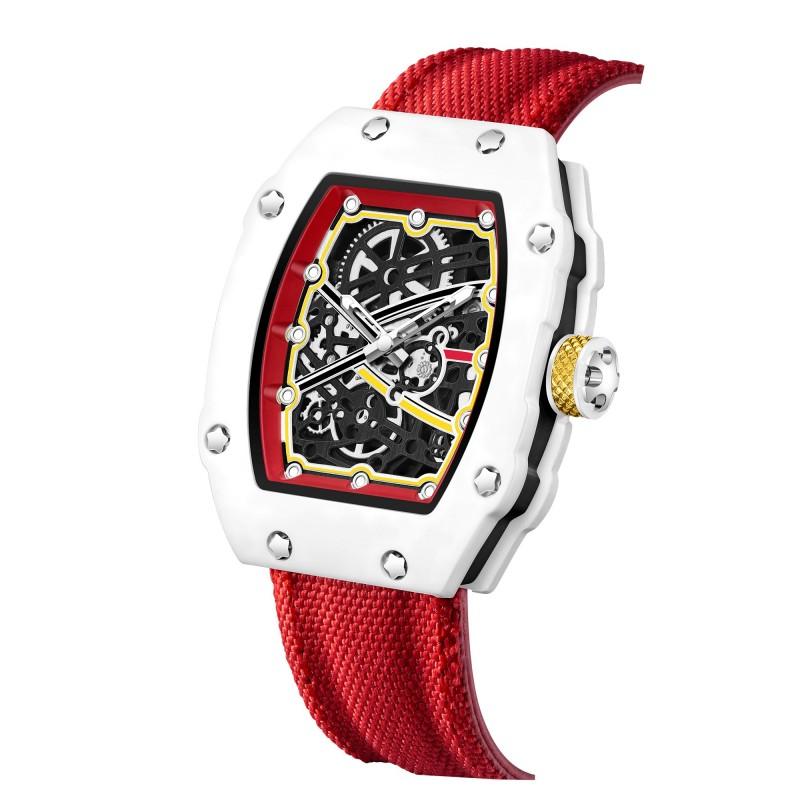 Men's Carbon Fiber Skeleton Tonneau Watch, Red Nylon Strap, Sporty Quartz Wristwatch Men's Carbon Fiber Skeleton Tonneau Watch, Red Nylon Strap, Sporty Quartz Wristwatch