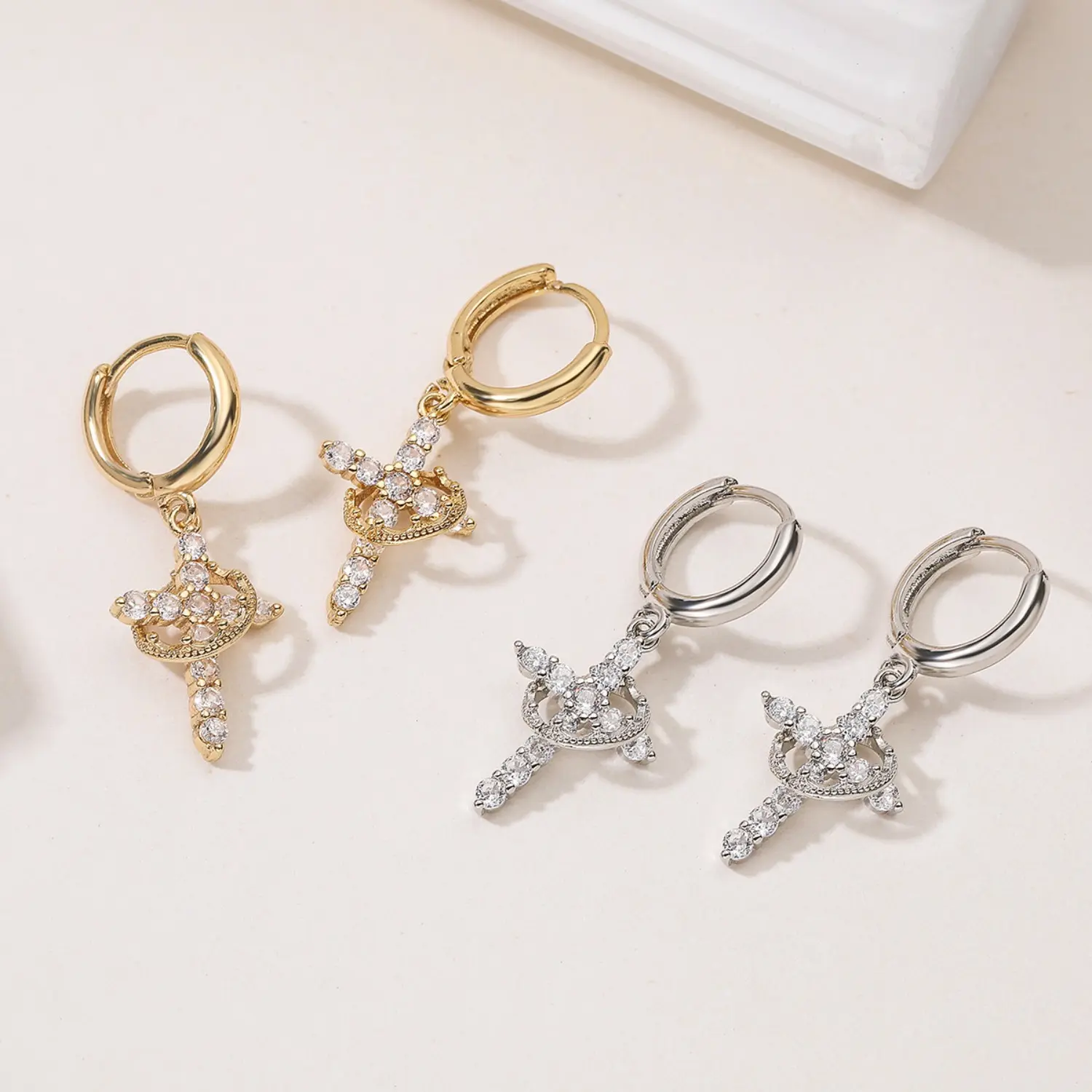 Gold-Tone Cross Motif Earrings for Female, Stylish Christian Theme Dangles with Pave Cubic Zirconia