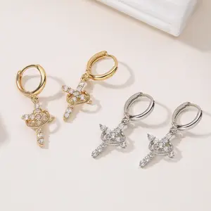 Sparkling Rhinestone Cross Pendant Hoop Earrings Men and Women Punk Hip-hop Fashion Jewelry y2k