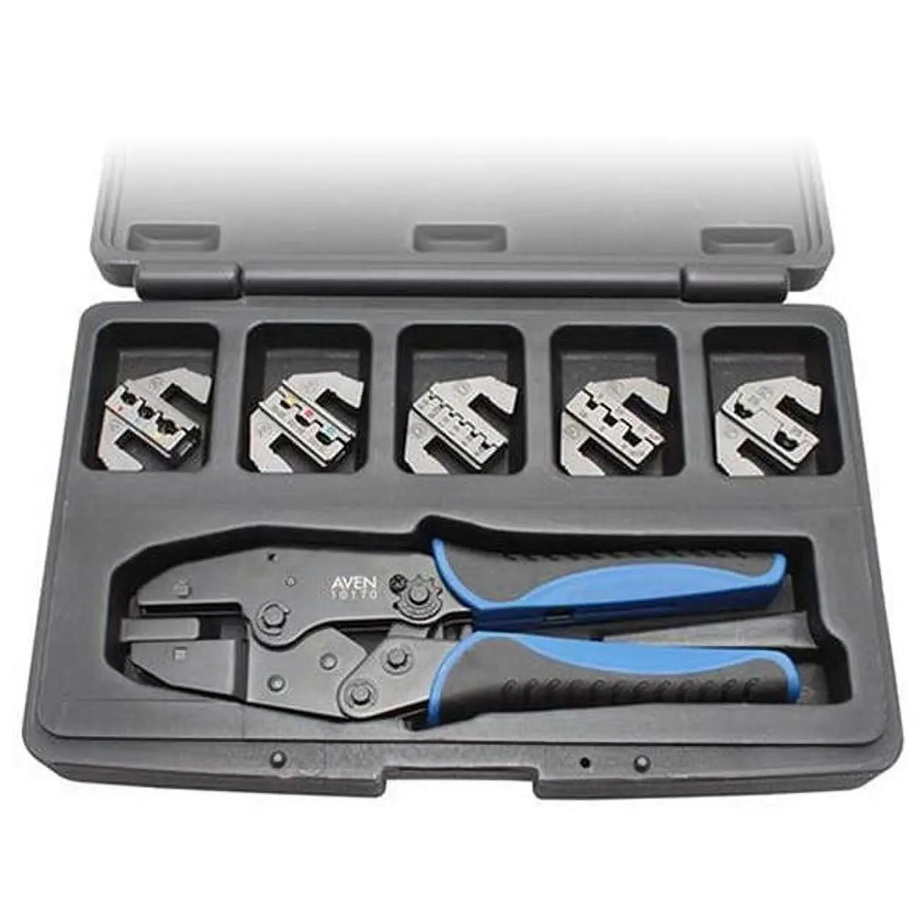 Aven Hardware 6-Piece Alloy Steel Crimping Tool Kit Set - Built-in Ratchet, 5 Dies, Rubber Grip, Safety Release for Wire Crimps