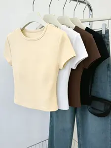 Four-Piece Solid Color Round Neck Short Sleeve Homewear Set, Skin-Friendly Breathable Loungewear Sleepwear Top, Casual Home Clothing