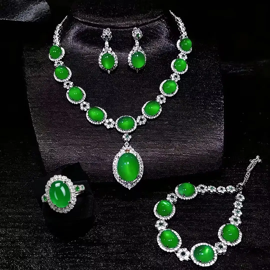 Luxury Green Jade Necklace Earrings Bracelet Ring Set, Genuine Hetian Jade, Elegant Necklace & Earrings for Women,Bridal Jewelry for Special Occasions