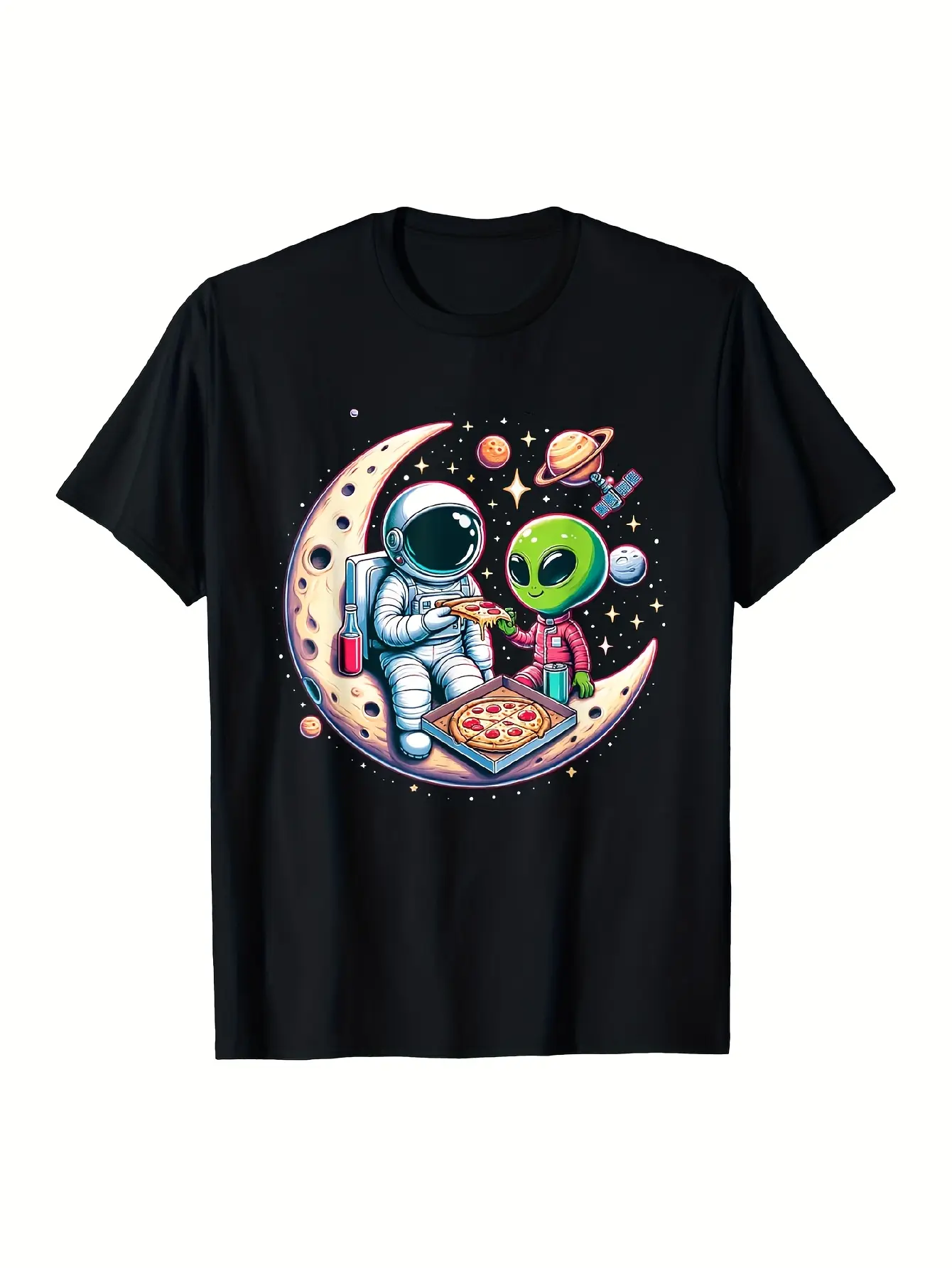 Men'S  Women'S Space-Themed Astronaut  Alien Pizza unisex soft cotton short sleeve t shirt, vintage graphic casual tee for men women teens, perfect birthday holiday gift for camping travel gym daily street  wear