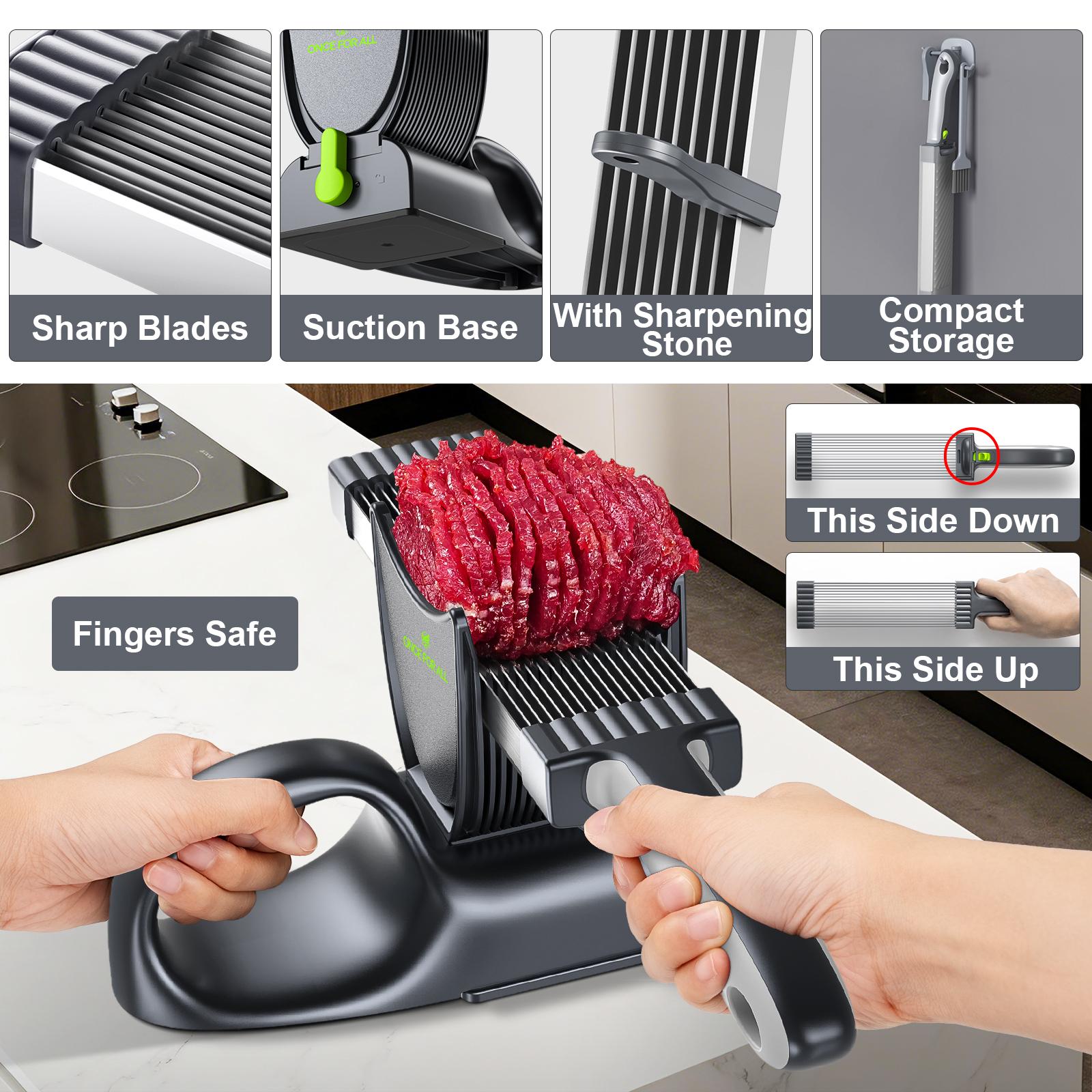 【ONCE FOR ALL】Manual Meat Slicer for Fresh Raw Meat (with Steady Grip), Meal Prep for the Week, Adjustable Thickness 2mm or 4mm, 17 Blades get 18 Fresh Meat Slicer, Meat Cleavers can be Sliced, Striped, Diced -Gray Fruit Chopping Appliance Kitchen Utensil