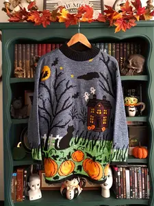 Halloween Theme Vintage Knitted Sweater, Haunted House Cat Pumpkin Ghost Jacquard Loose Pullover, Festival Atmosphere Unique Design Top