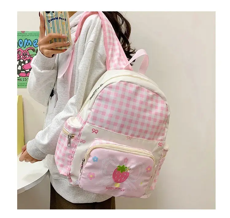 Lightweight nylon checkered girl's cute schoolbag, cute strawberry embroidery Kawaii commuting waterproof backpack