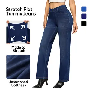 AVAMO Stretchy Jeans with 2 Back Pockets Womens Trendy Pull On Flattering Straight Leg Jeans with Belt Loop Washed Mid-high Rise Jean Comfortable Soft and Lightweight for Casual Wear Street Bottoms#TikTokShopSpringGlowUp