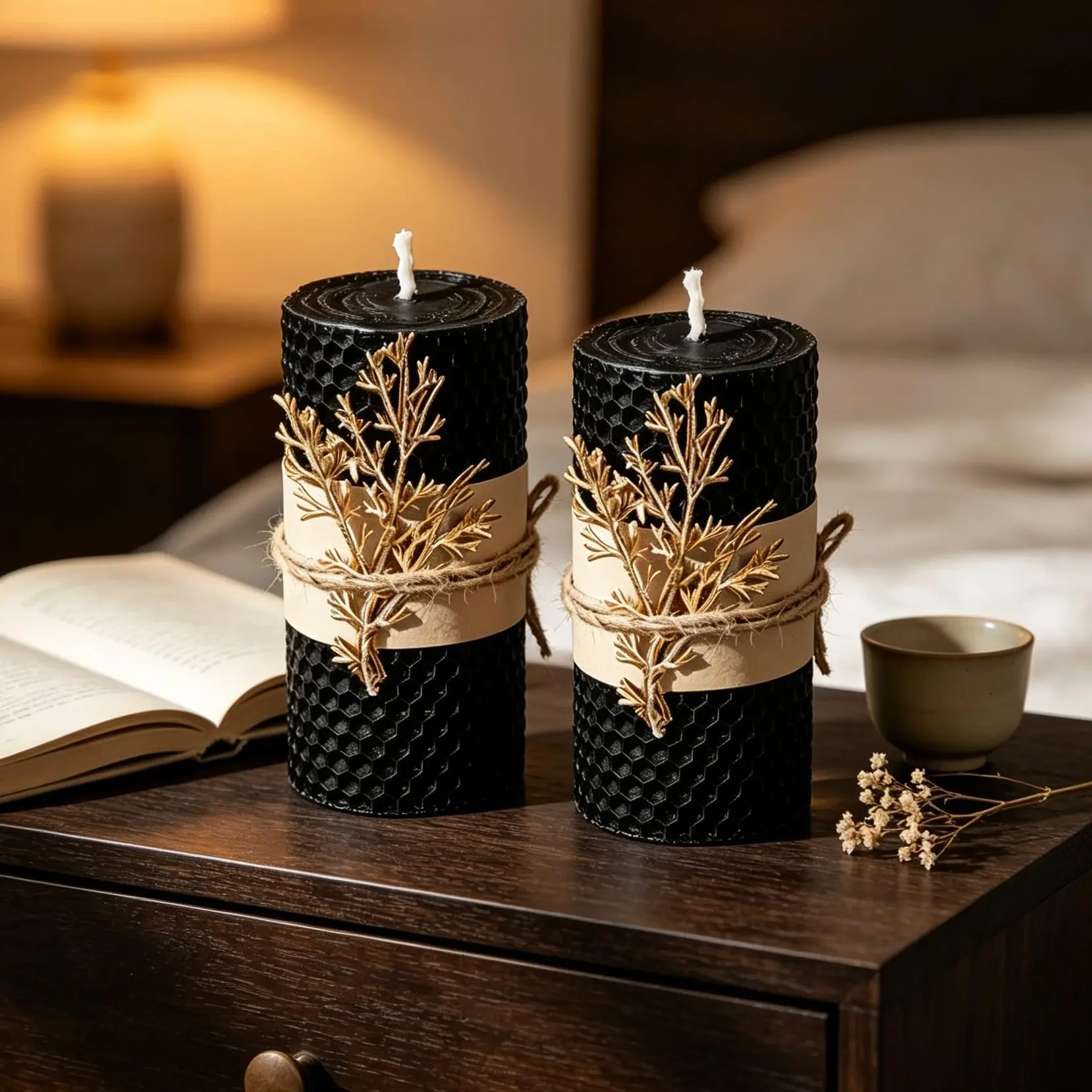 Black beeswax pillar candles, set of 2, 5x10cm handmade honeycomb candles with gold leaf tied rope, tabletop home decor, holiday gift set for Valentine's Day, Thanksgiving, Christmas, Halloween, weddings, and parties