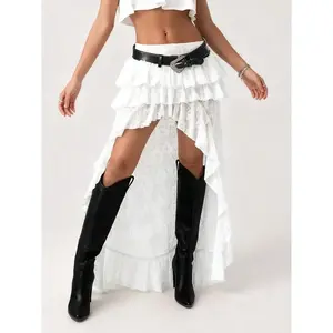Women's Asymmetric Lace Skirt High Low Hem Ruffled Layered Mesh Skirt For Bohemian Festival Outfits
