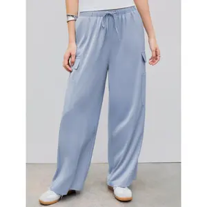 Cider [2 colors, size 2-26] Satin Mid Waist Solid Cargo Drawstring Wide Leg Trousers SwimWeek