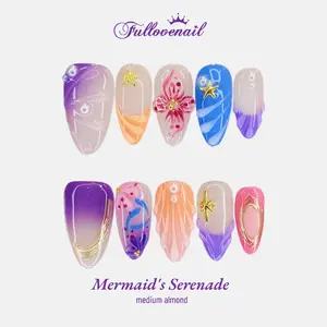 Fullovenail Mermaid's Serenade Almond Shape Purple 3D Flower Press on Nail Acrylic Soft Gel Handmade Medium Almond