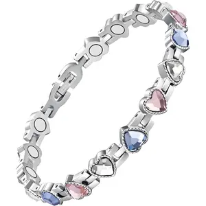 Women's Magnetic Bracelet, Heart Design Bracelet, Titanium Steel Magnet Bracelet with Strong Neodymium Magnets and Sparkling Crystal, Elegant Jewelry Gift