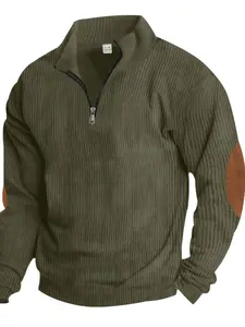 Men's European Size Stand Collar Corduroy Knit Pullover, Fashion Lightweight Casual Sportswear, Ribbed Design for Outdoor & Daily Wear