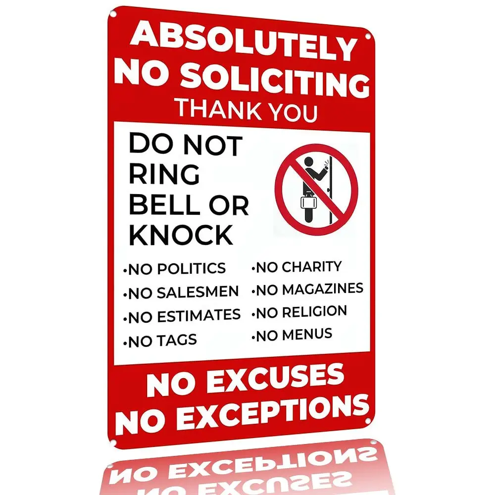 8"x12" Absolutely No Soliciting Metal Sign - Do Not Ring Bell, No Excuses, No Exceptions Aluminium Plaque for Home, Business | Home Decor Photo Prop