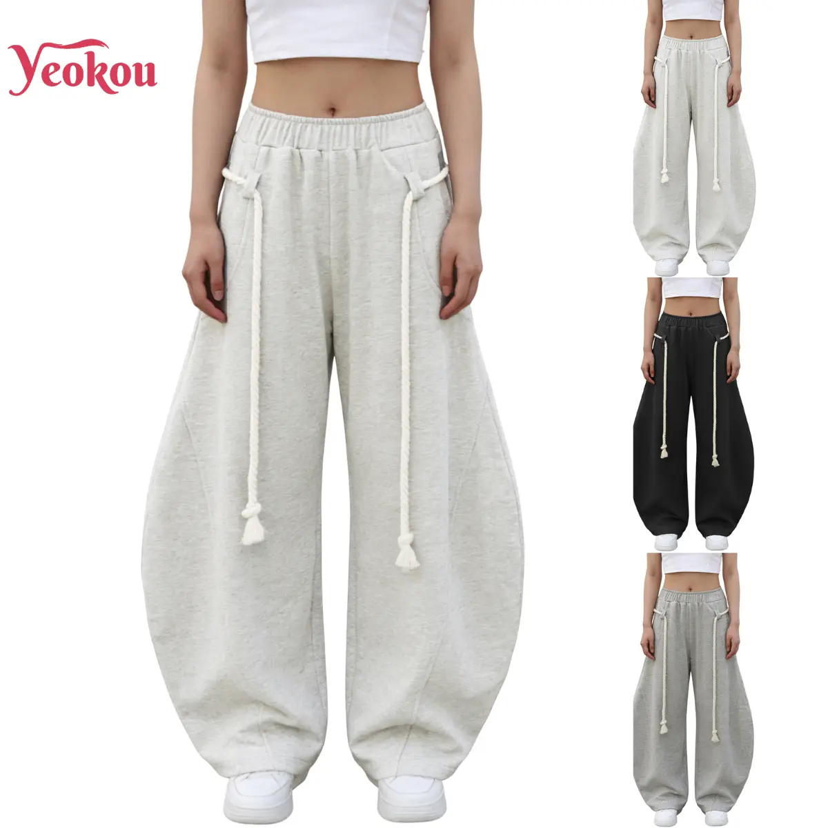 Yeokou Women’s Baggy Oversize Curved-Leg Sweatpants - Elastic Waist Rope Drawstring, Pockets, Basic Bottom, Cloud-Level Comfort Fabric, Holiday, 86% Cotton 14% Polyester, Casual, Cold Wash, Lantern-Style Design, Loose-Fitting, Machine Wash, Normal Type, P